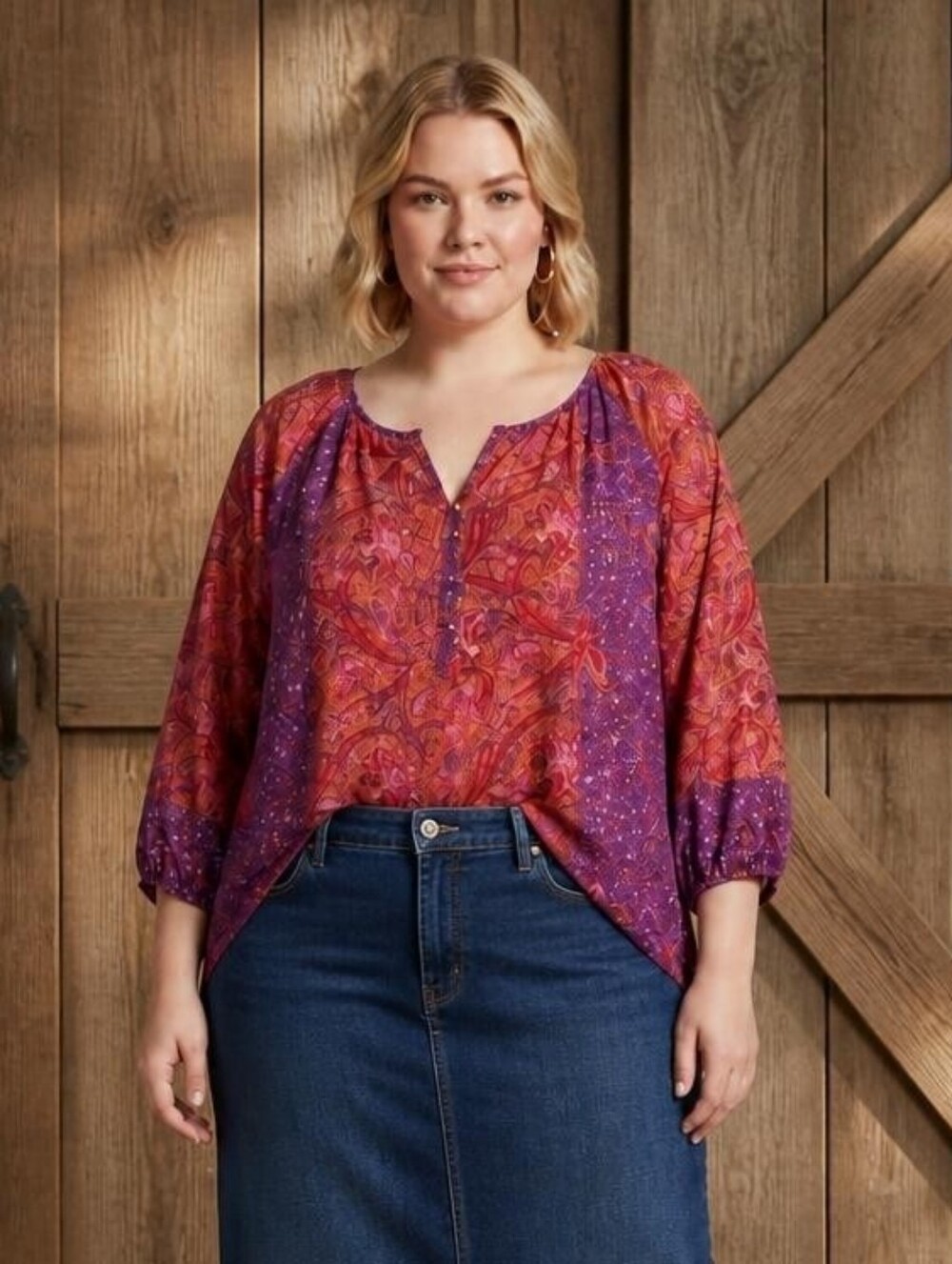 Chaps Paisley Split-Neck Peasant Blouse In Tangerine And Magenta Colors